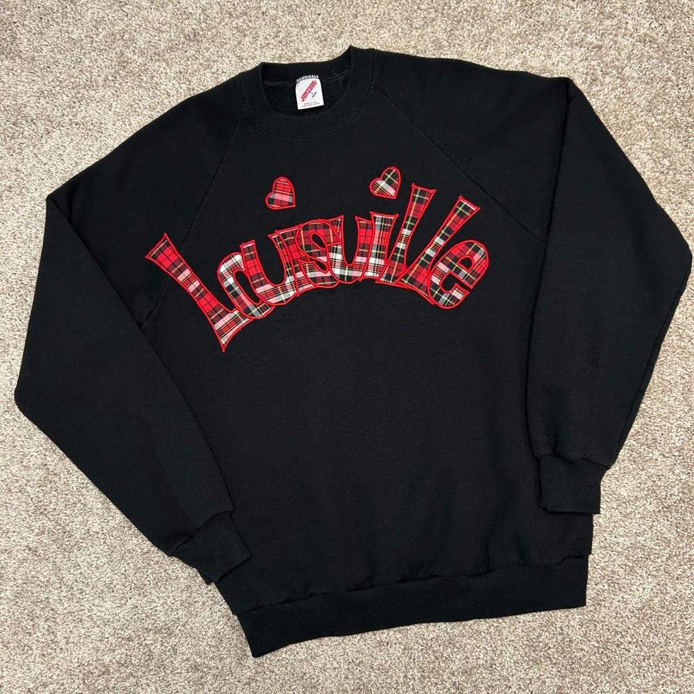 Vintage Louisville Plaid Applique Heart Sweatshirt Siz Large Jerzees Made In USA